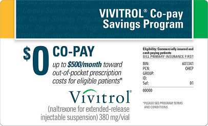 VIVITROL Co-pay Savings Program card