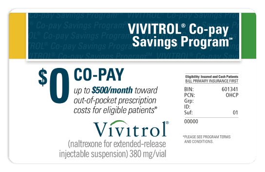 VIVITROL Co-pay Savings Program card